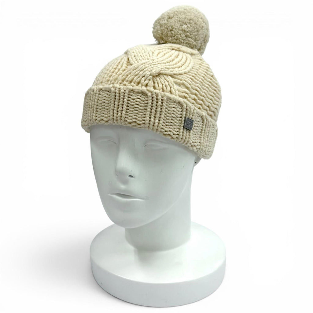 Chanel Cashmere Sports Line CC Logo Knit Cap with Pom Ivory — view 3