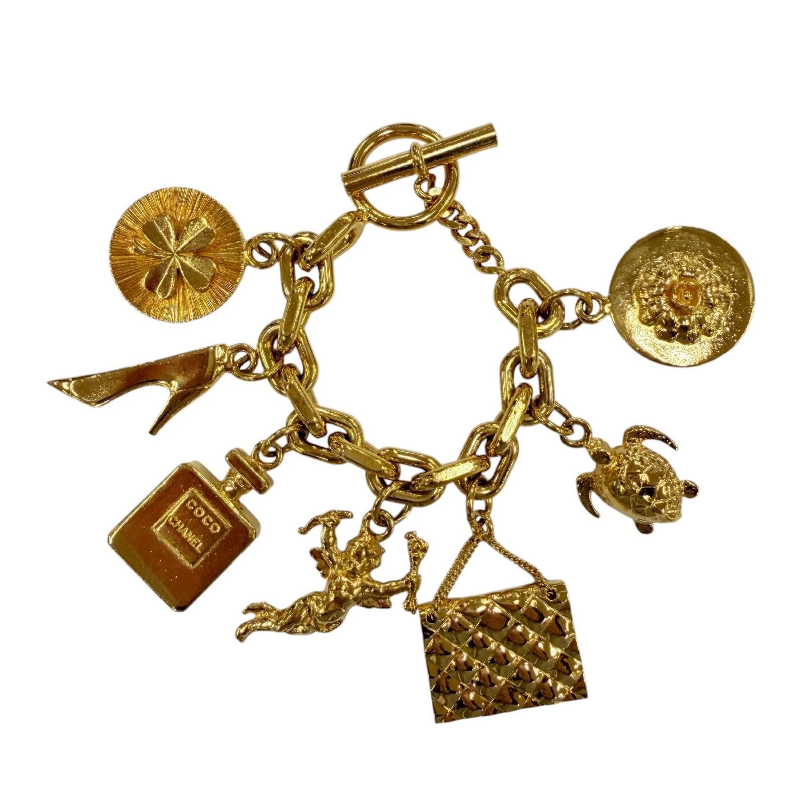 Chanel Vintage Metal Icon Charm 7 Row Bangle Bracelet Gold — view 6
