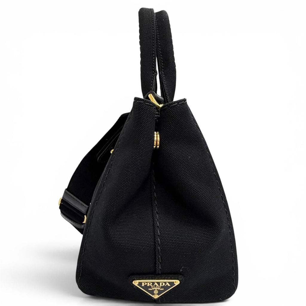 Prada Canapa Canvas Leather Triangle Logo 2-Way Shoulder Tote Black Gold — view 5
