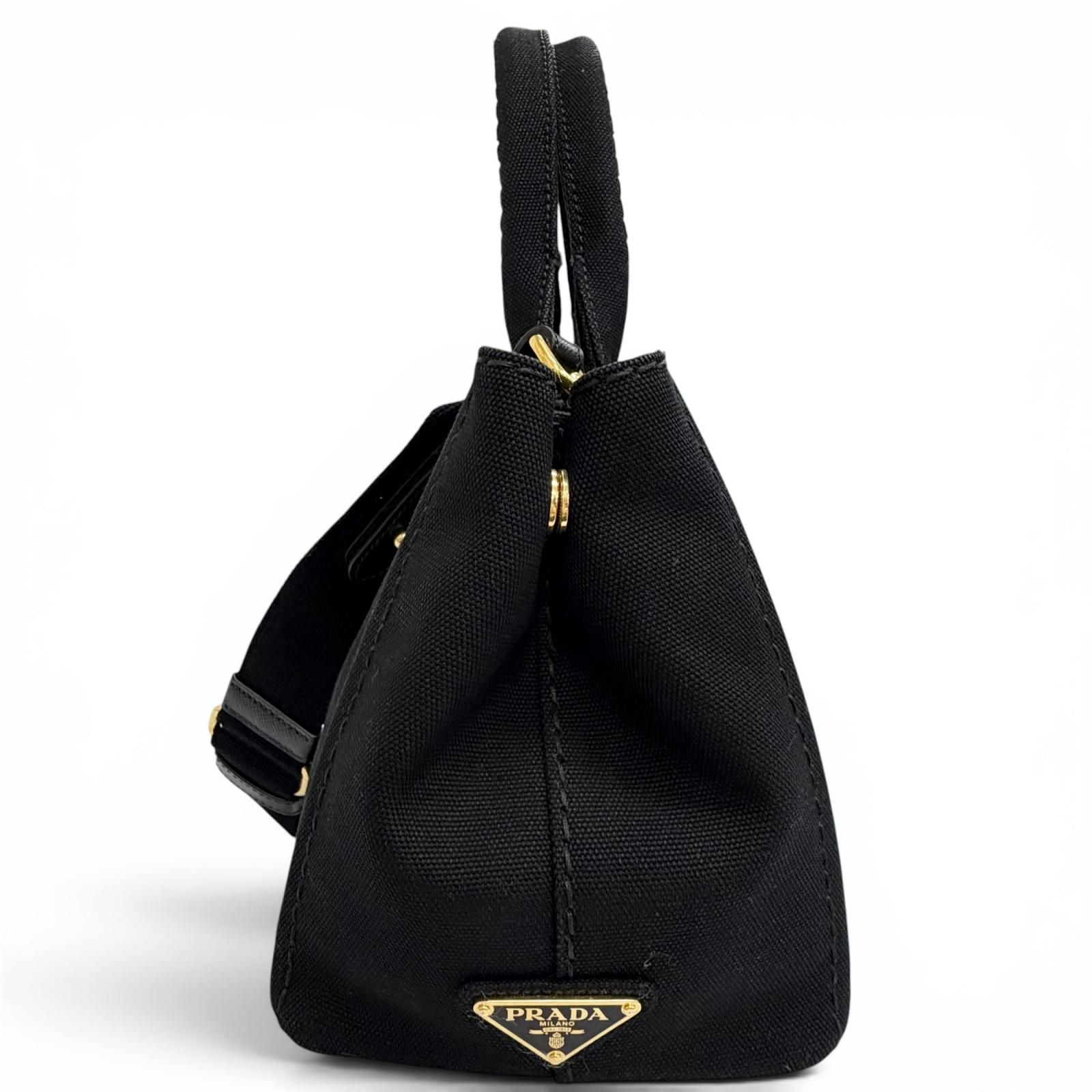 Prada Canapa Canvas Leather Triangle Logo 2-Way Shoulder Tote Black Gold — view 5