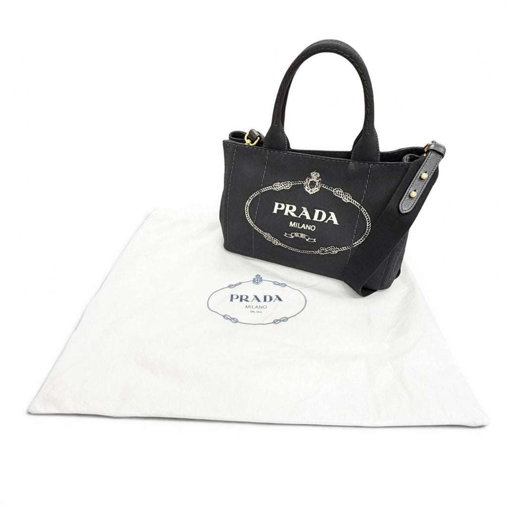 Prada Canapa Canvas Leather Triangle Logo 2-Way Shoulder Tote Black Gold — view 2