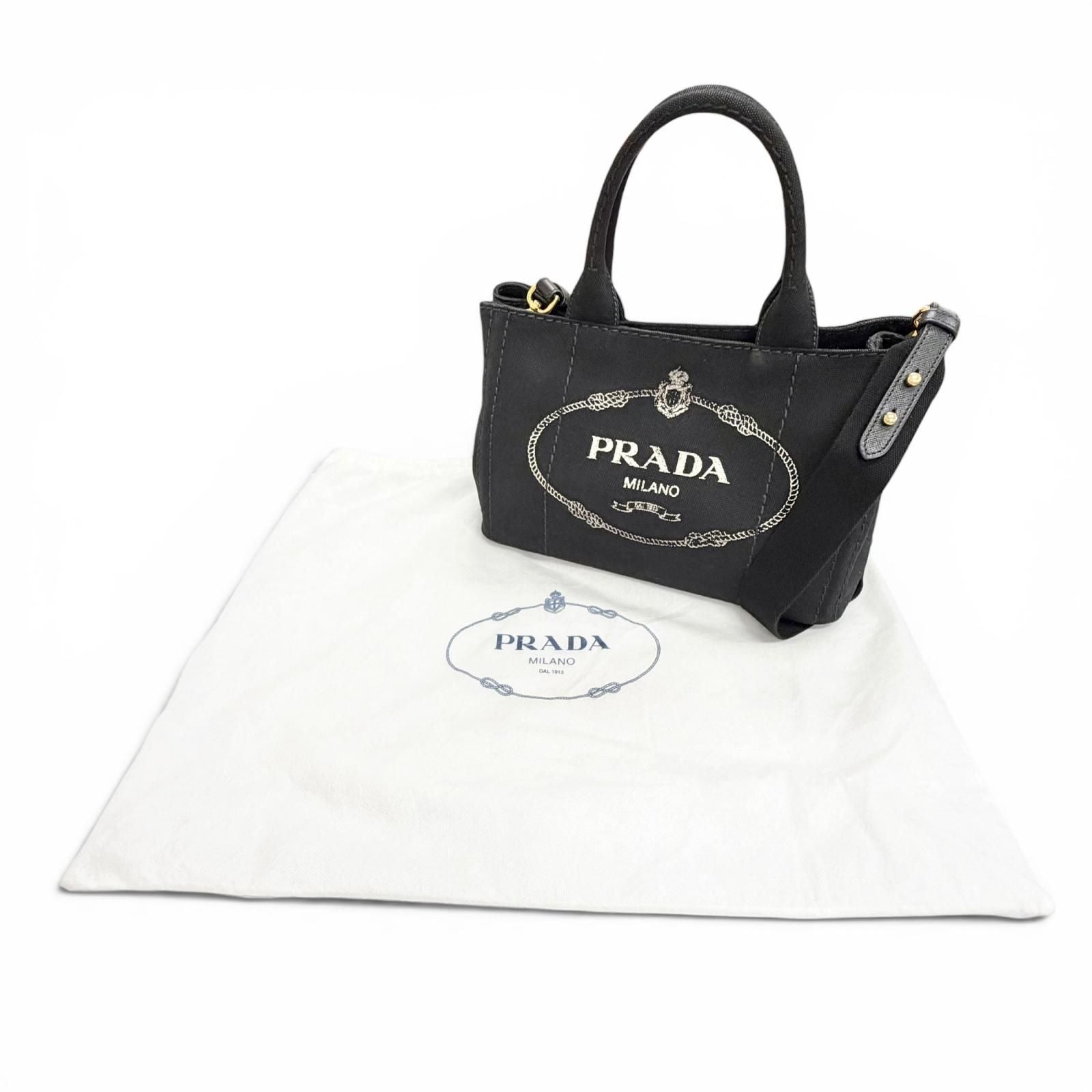 Prada Canapa Canvas Leather Triangle Logo 2-Way Shoulder Tote Black Gold — view 2