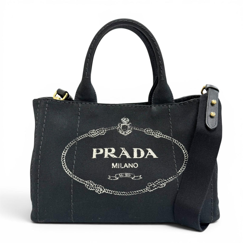 Prada Canapa Canvas Leather Triangle Logo 2-Way Shoulder Tote Black Gold