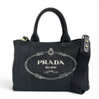 Prada Canapa Canvas Leather Triangle Logo 2-Way Shoulder Tote Black Gold