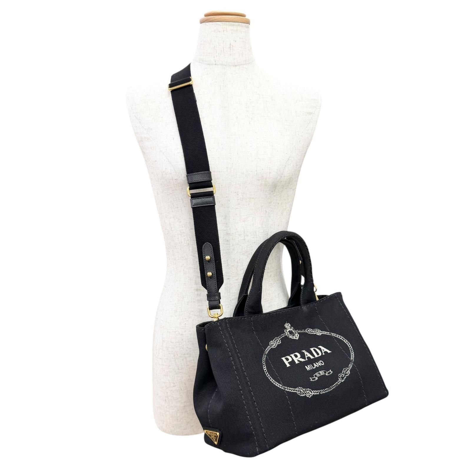 Prada Canapa Canvas Leather Triangle Logo 2-Way Shoulder Tote Black Gold — view 3