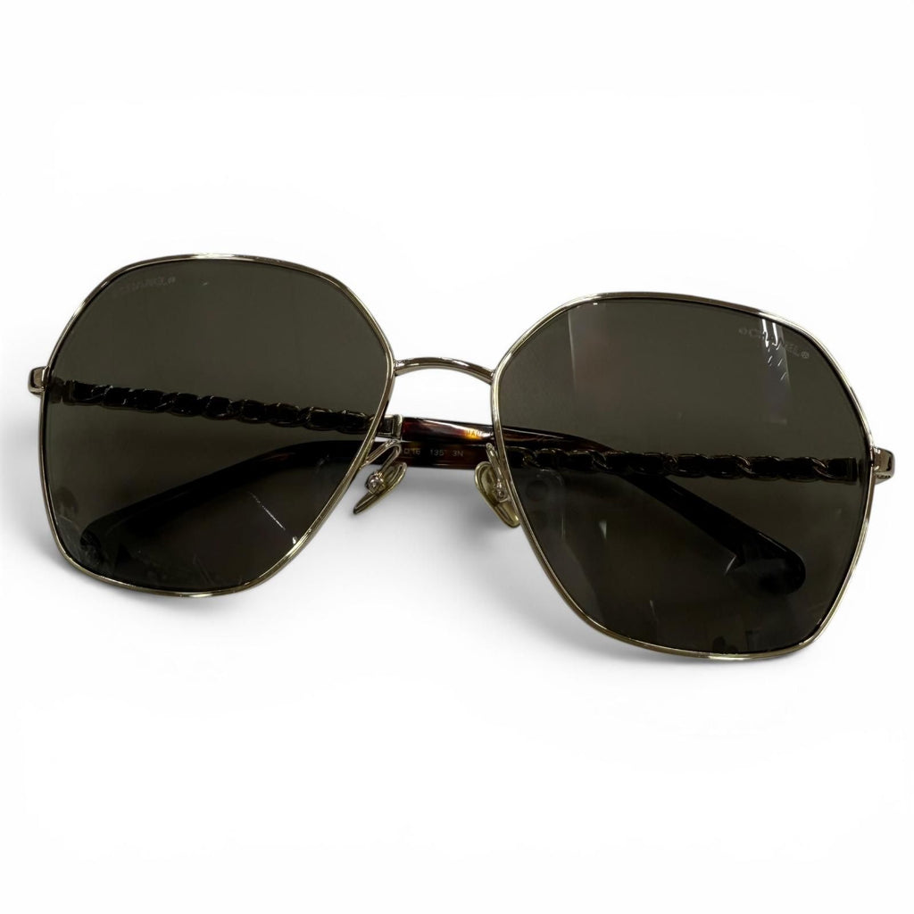 Chanel CC Logo Hexagon Chain Sunglasses Gold Black Demo Lens Eyewear