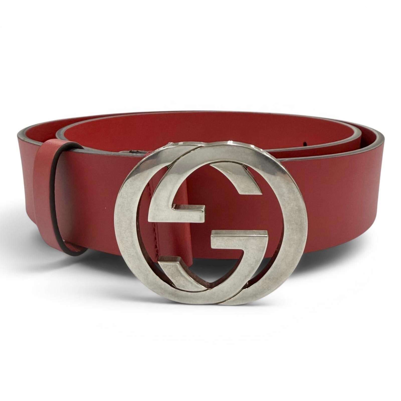 Gucci Interlocking Leather Belt Red Silver