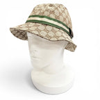 Gucci Logo Leather Patch GG Canvas Web Line Bucket Hat Beige