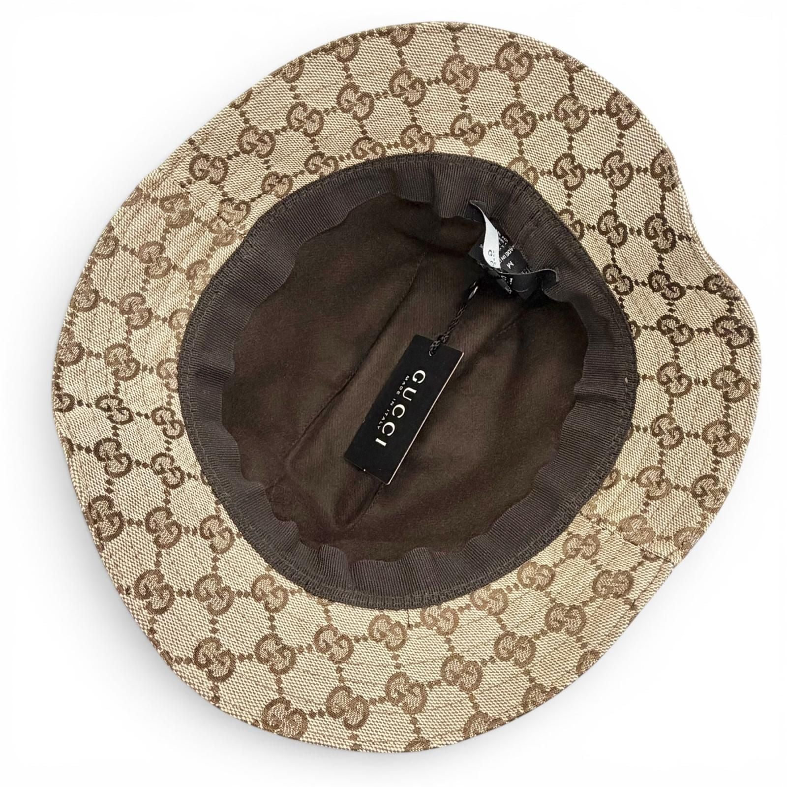 Gucci Logo Leather Patch GG Canvas Web Line Bucket Hat Beige — view 5