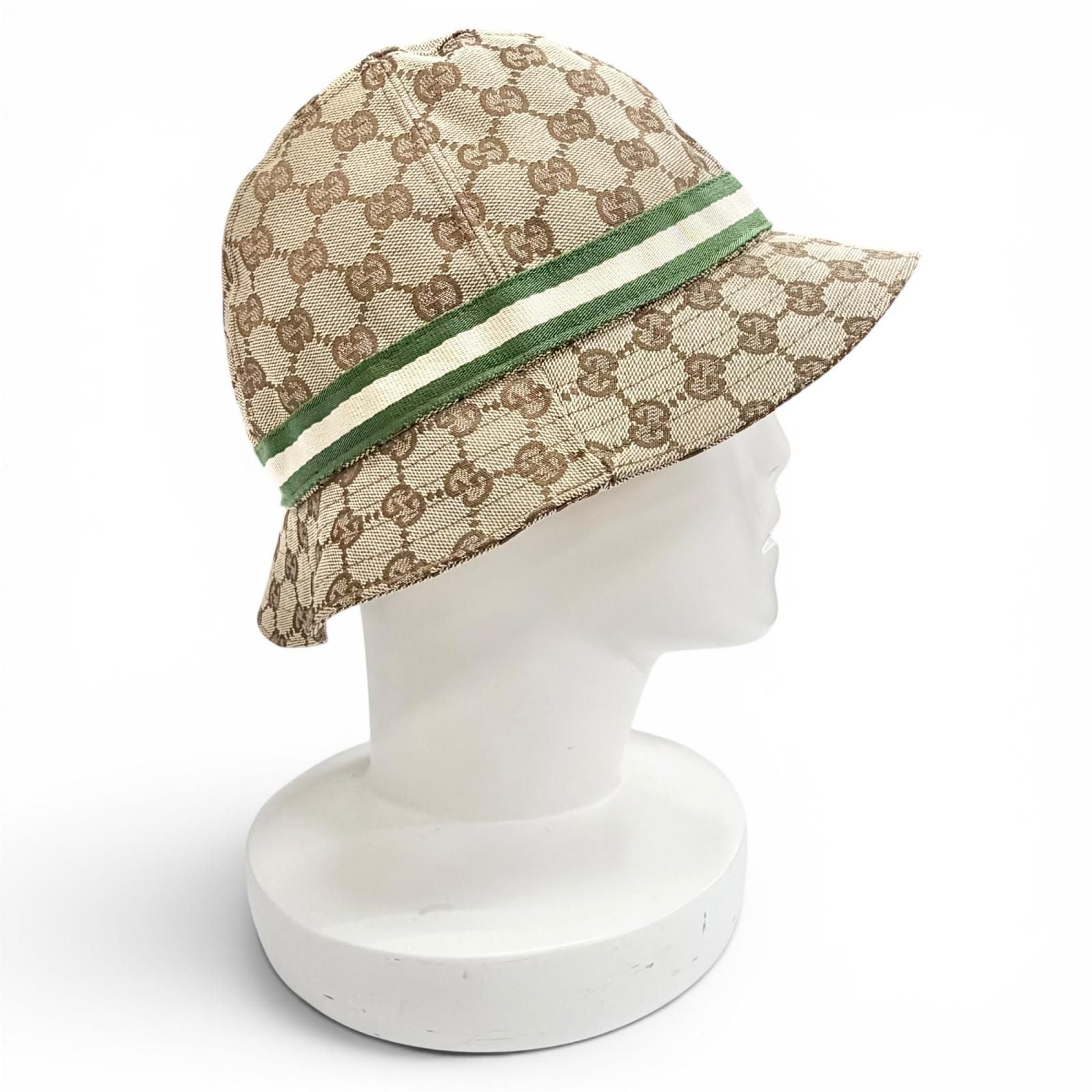 Gucci Logo Leather Patch GG Canvas Web Line Bucket Hat Beige — view 3