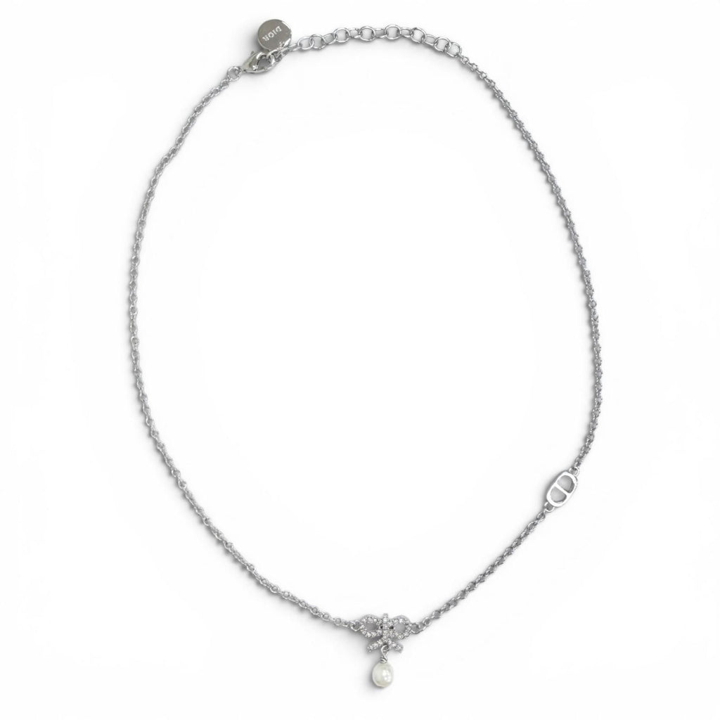 Dior CD Logo Ribbon Motif Rhinestone Faux Pearl Necklace Silver Recommended — view 3