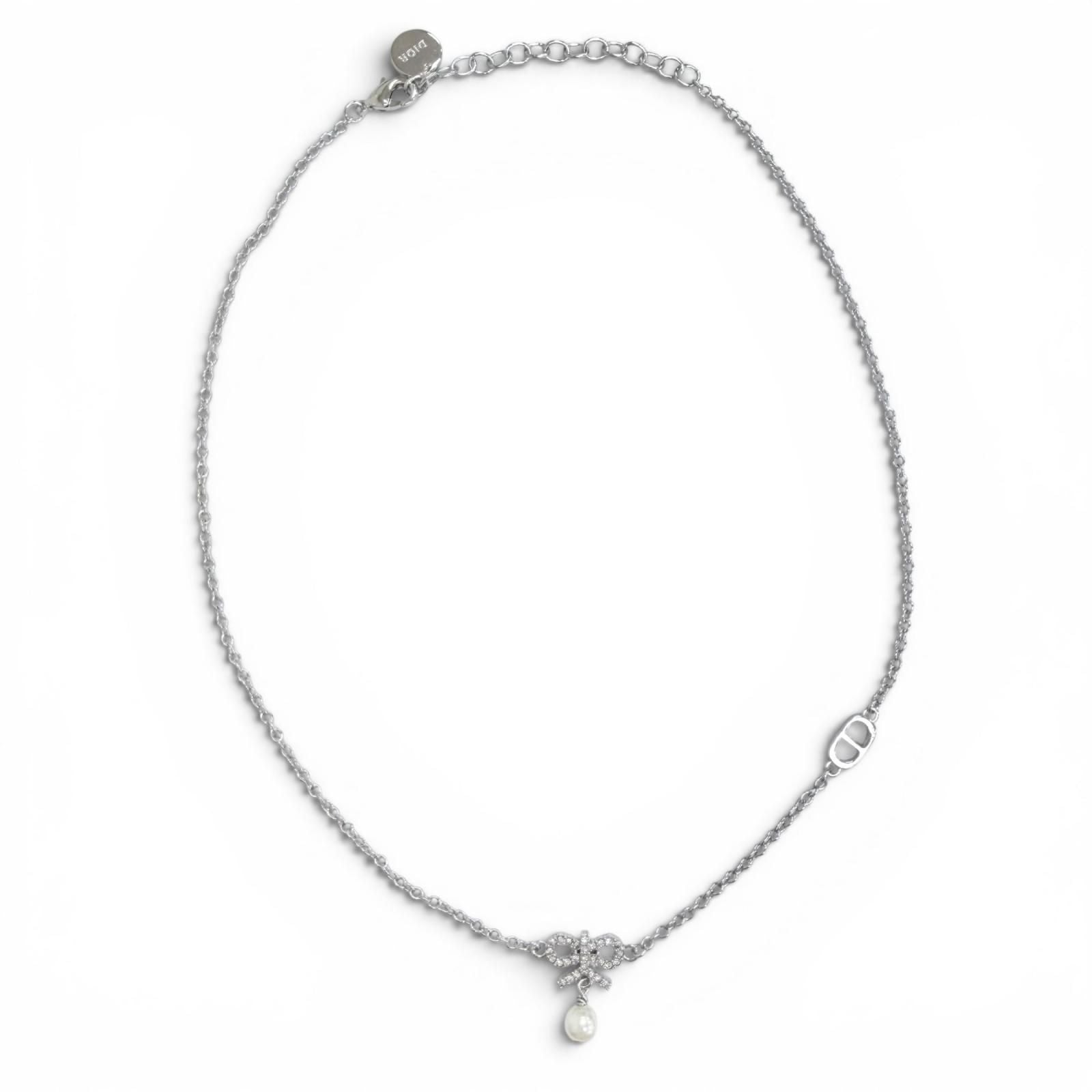 Dior CD Logo Ribbon Motif Rhinestone Faux Pearl Necklace Silver Recommended — view 3