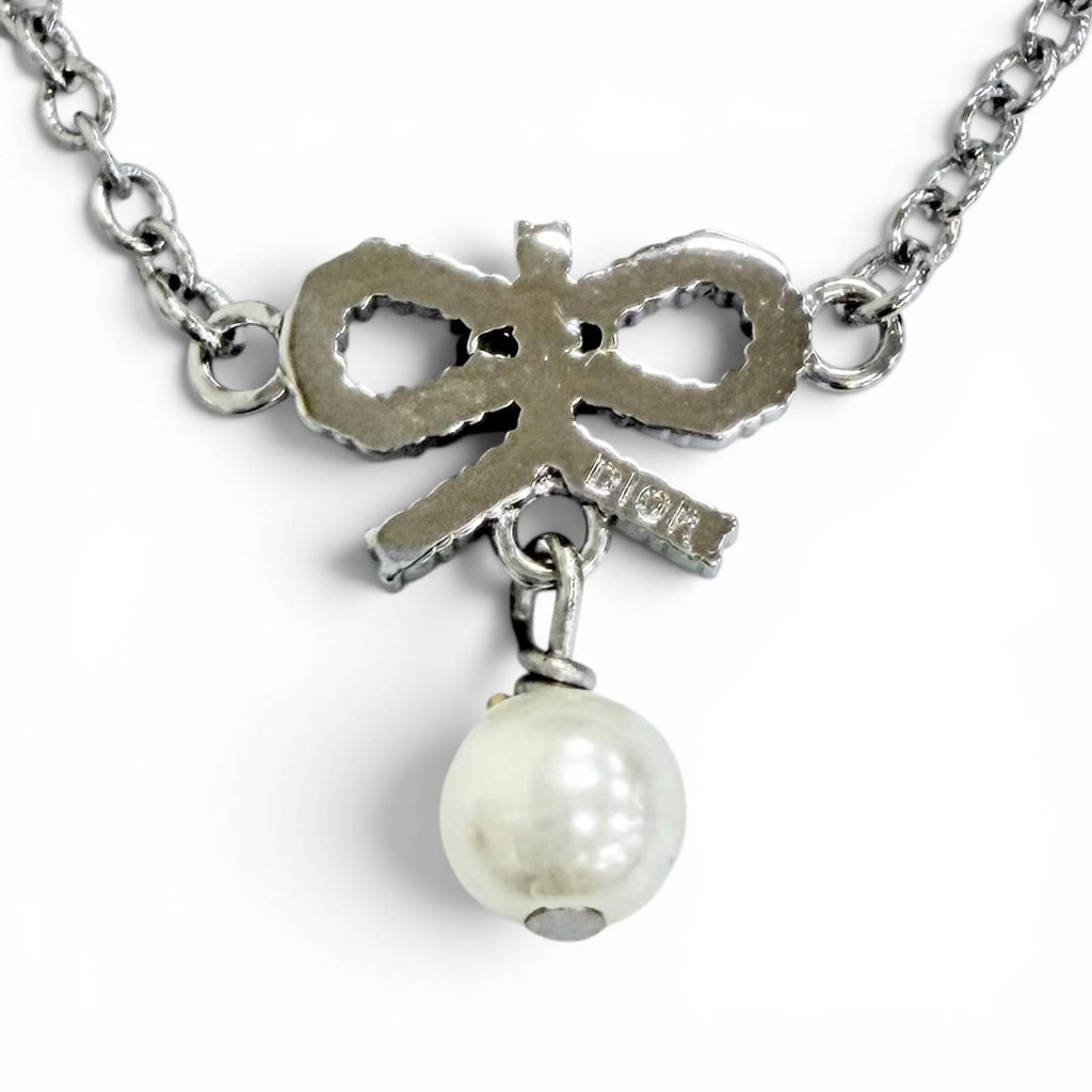 Dior CD Logo Ribbon Motif Rhinestone Faux Pearl Necklace Silver Recommended — view 5