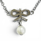 Dior CD Logo Ribbon Motif Rhinestone Faux Pearl Necklace Silver Recommended — view 5
