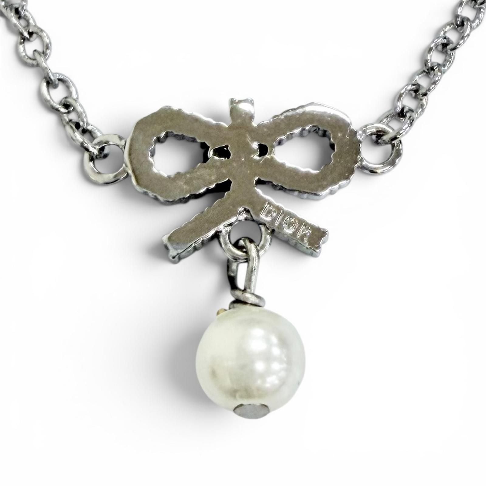 Dior CD Logo Ribbon Motif Rhinestone Faux Pearl Necklace Silver Recommended — view 5