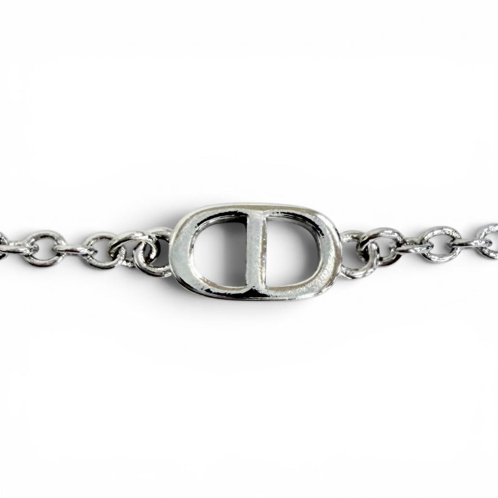 Dior CD Logo Ribbon Motif Rhinestone Faux Pearl Necklace Silver Recommended — view 4