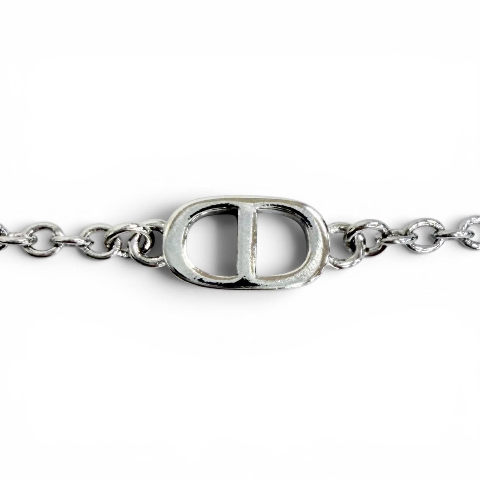 Dior CD Logo Ribbon Motif Rhinestone Faux Pearl Necklace Silver Recommended — view 4