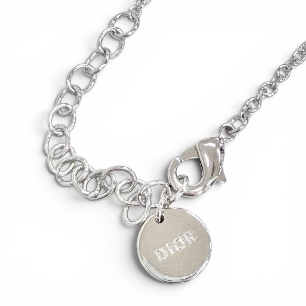 Dior CD Logo Ribbon Motif Rhinestone Faux Pearl Necklace Silver Recommended — view 6