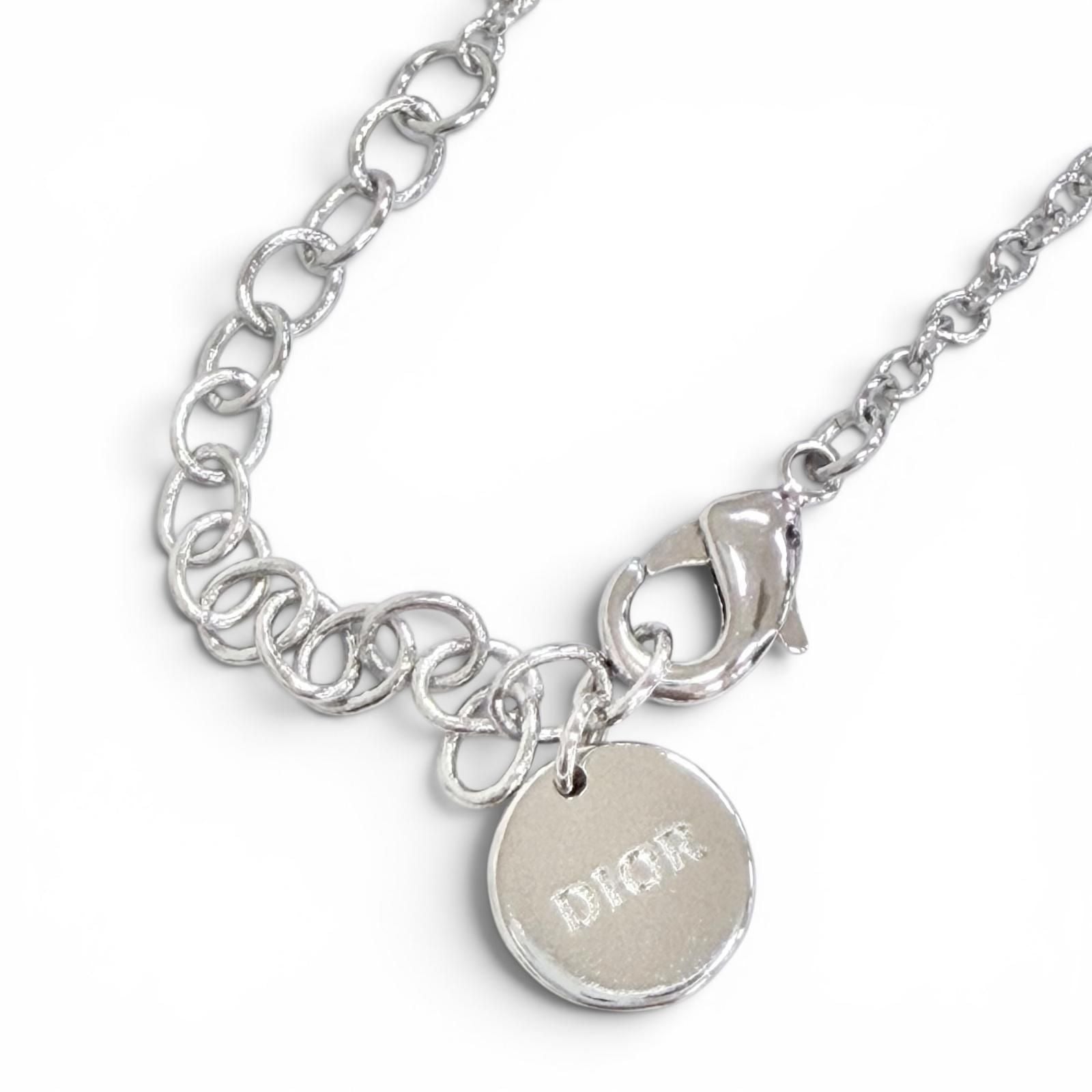 Dior CD Logo Ribbon Motif Rhinestone Faux Pearl Necklace Silver Recommended — view 6