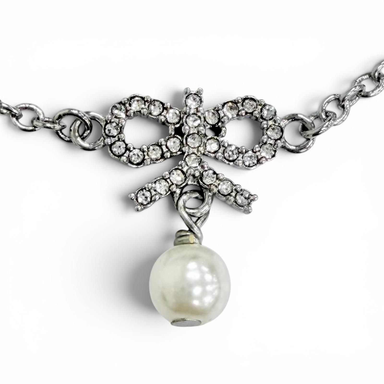 Dior CD Logo Ribbon Motif Rhinestone Faux Pearl Necklace Silver Recommended