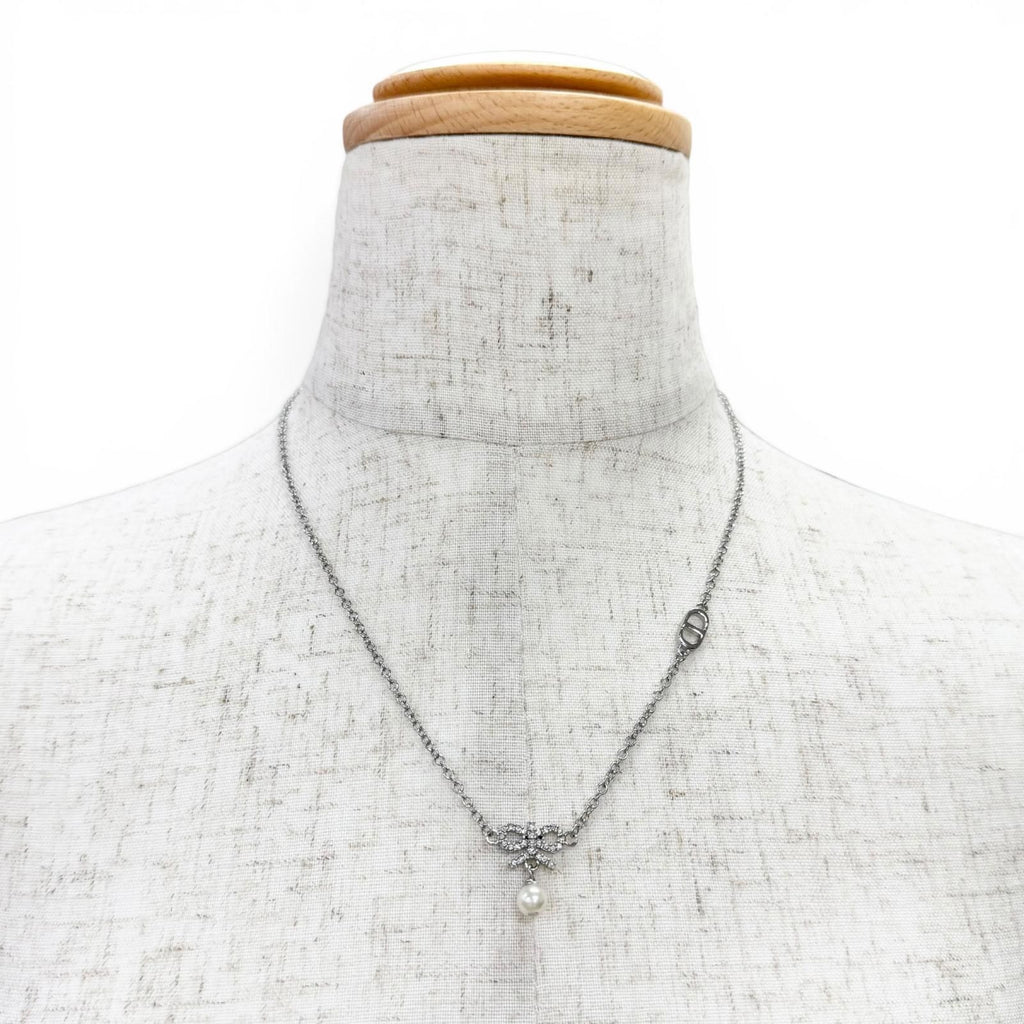 Dior CD Logo Ribbon Motif Rhinestone Faux Pearl Necklace Silver Recommended — view 2