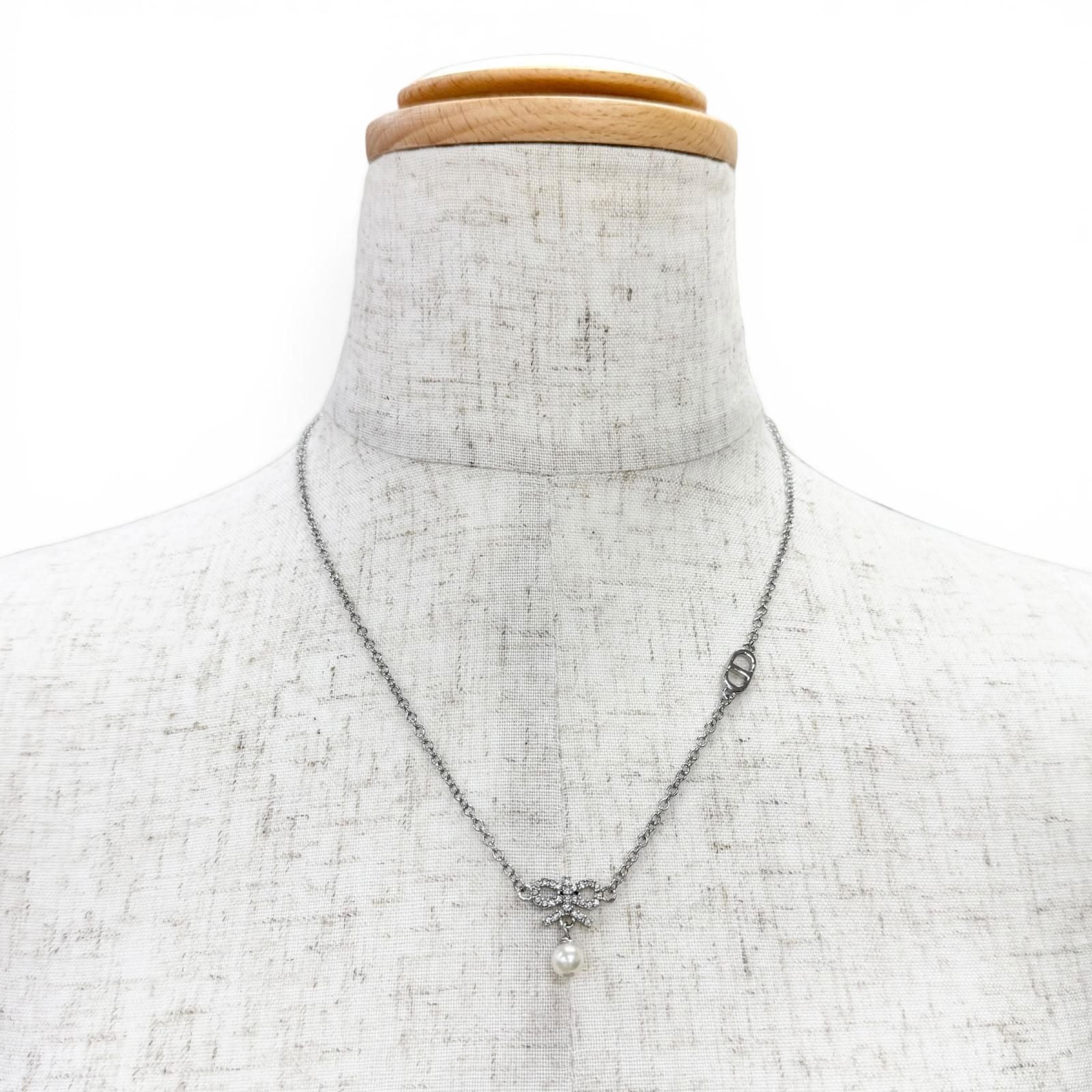 Dior CD Logo Ribbon Motif Rhinestone Faux Pearl Necklace Silver Recommended — view 2
