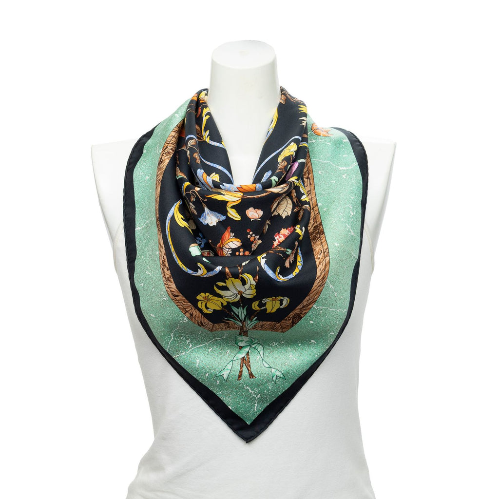 Hermes Scarf Black Light Green Yellow 100% Twillsilk