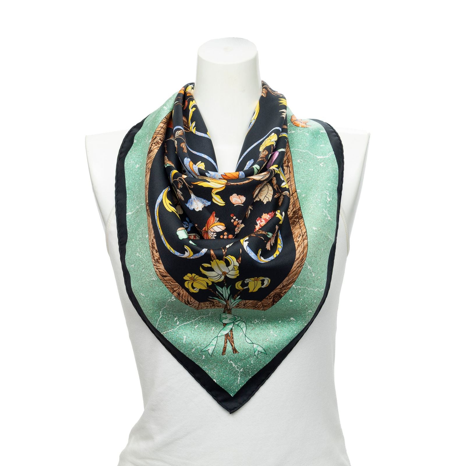 Hermes Scarf Black Light Green Yellow 100% Twillsilk