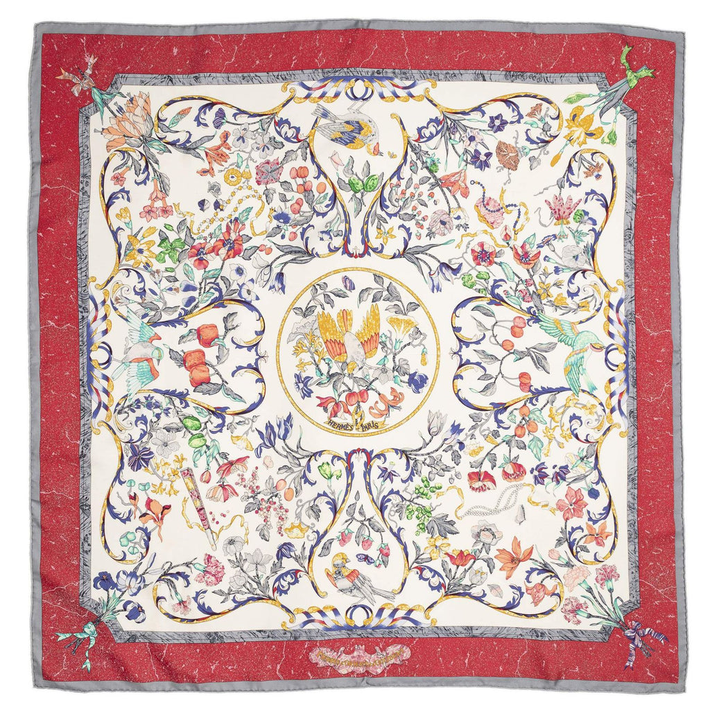 Hermes Scarf Ivory Red Gray 100% Twillsilk — view 2