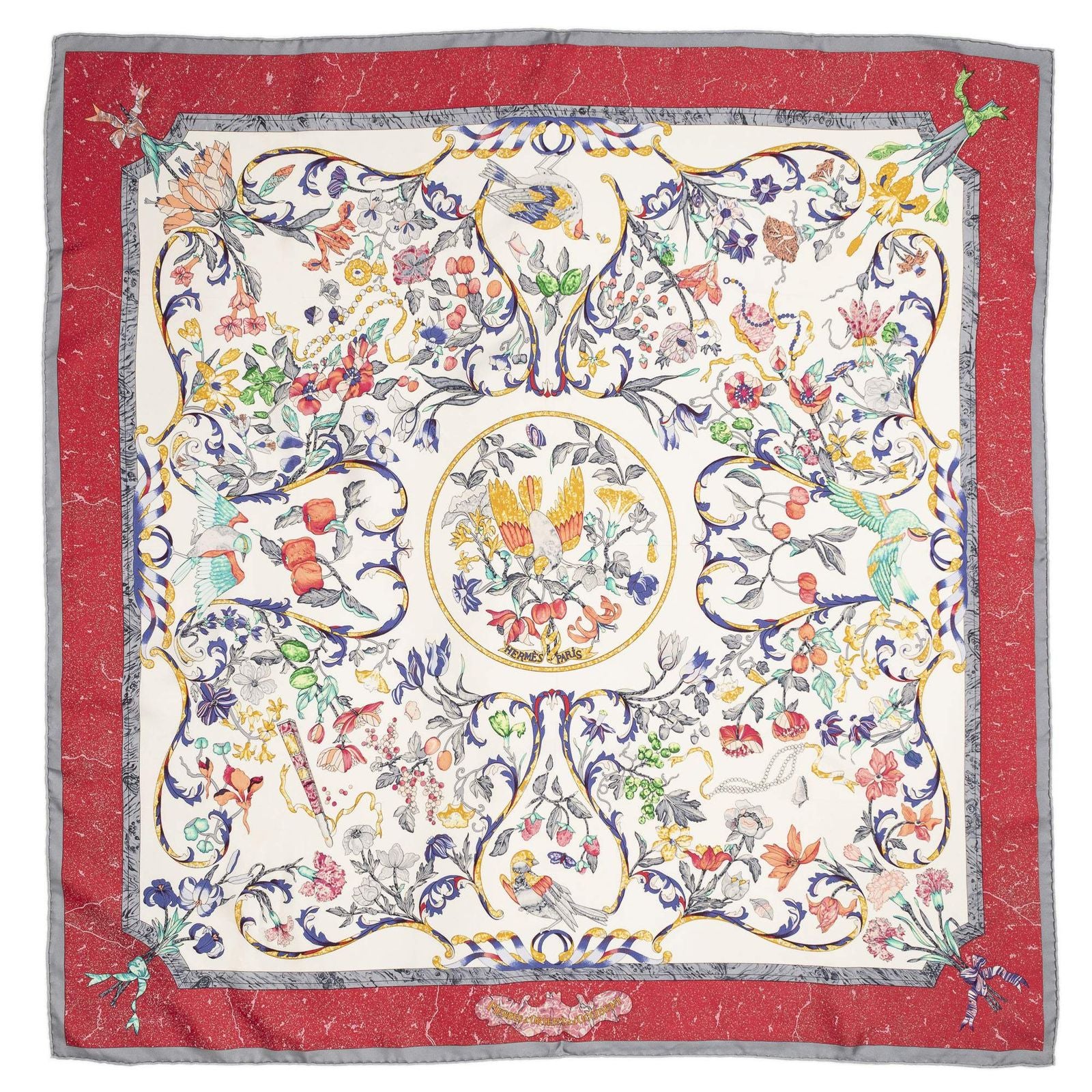 Hermes Scarf Ivory Red Gray 100% Twillsilk — view 2