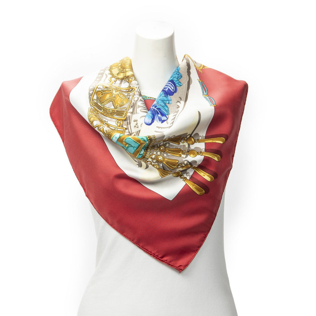 Hermes Scarf Red Blue 100% Gold Twill Silk
