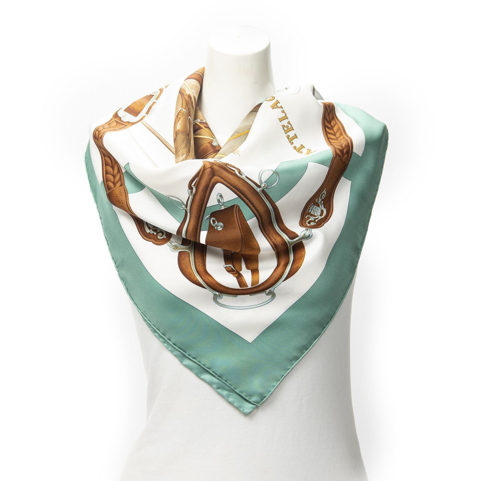 Hermes Scarf Light Green Brown White 100% Twillsilk