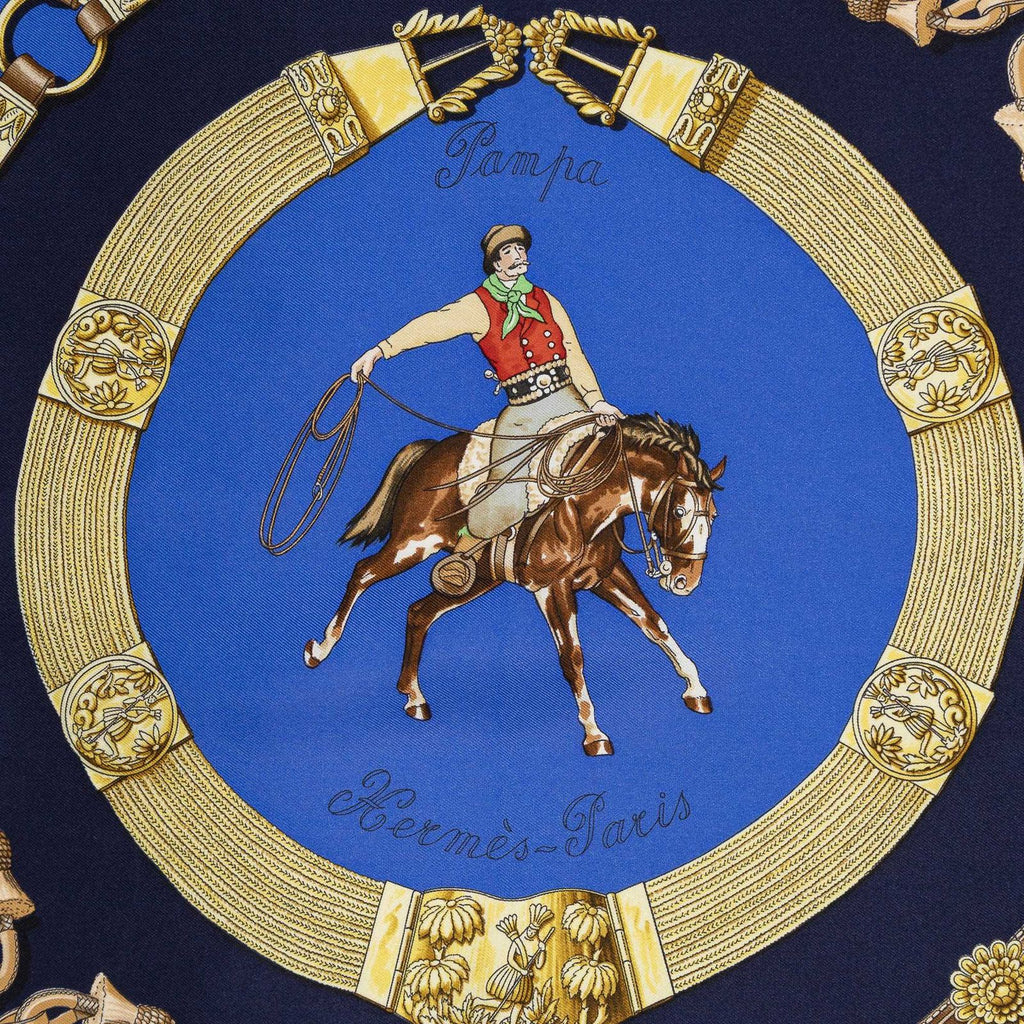 Hermes Scarf Navy Blue Brown 100% Twillsilk — view 3