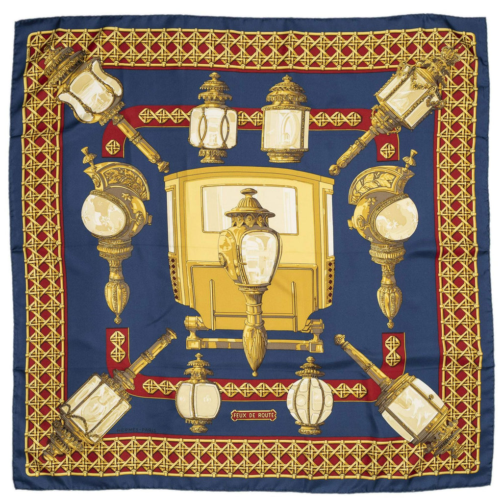Hermes Scarf Navy Red 100% Gold Twill Silk — view 2