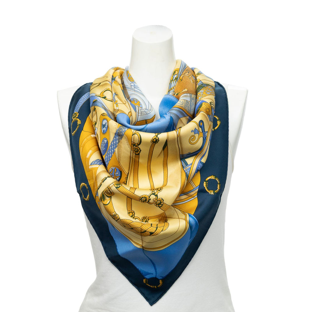 Hermes Scarf Navy Yellow 100% Twillsilk