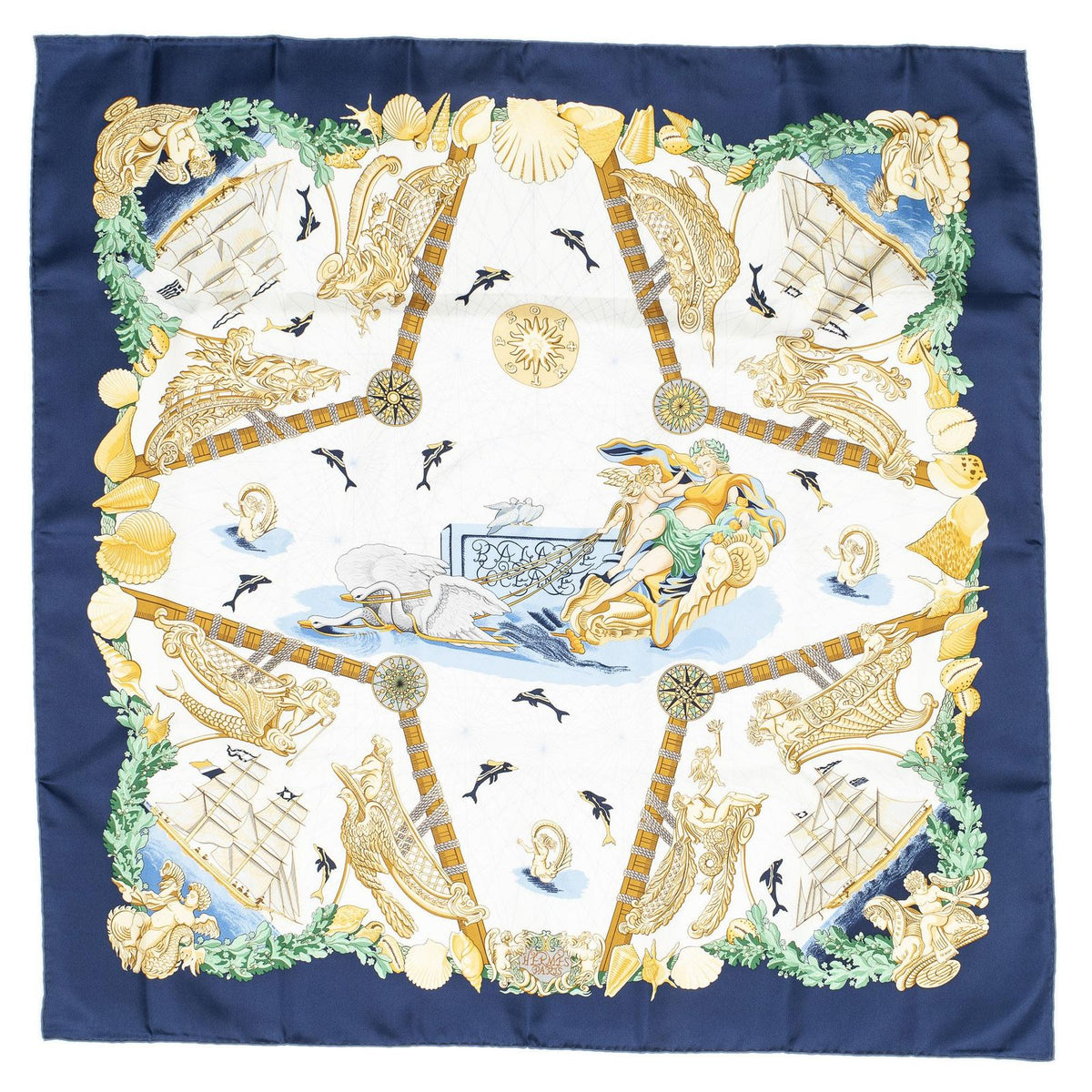 Hermes Scarf Navy Green White 100% Twillsilk — view 2