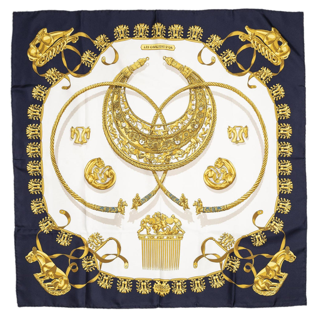 Hermes Scarf Navy Gold White Silk — view 2