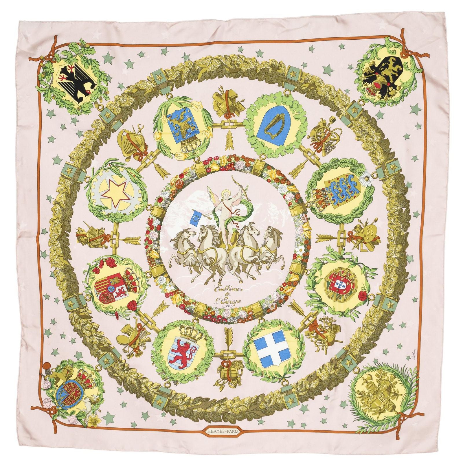 Hermes Scarf Light Pink Green Yellow 100% Jacquardsilk — view 2