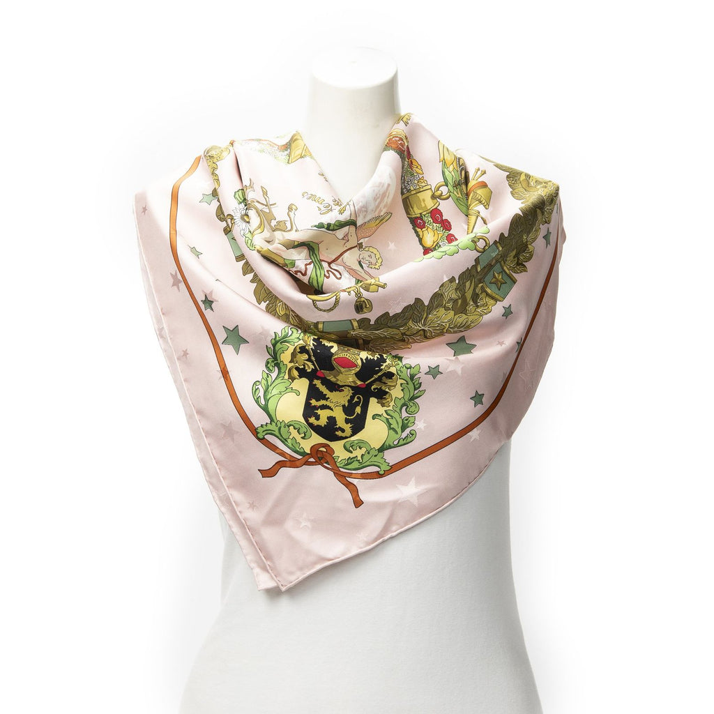 Hermes Scarf Light Pink Green Yellow 100% Jacquardsilk