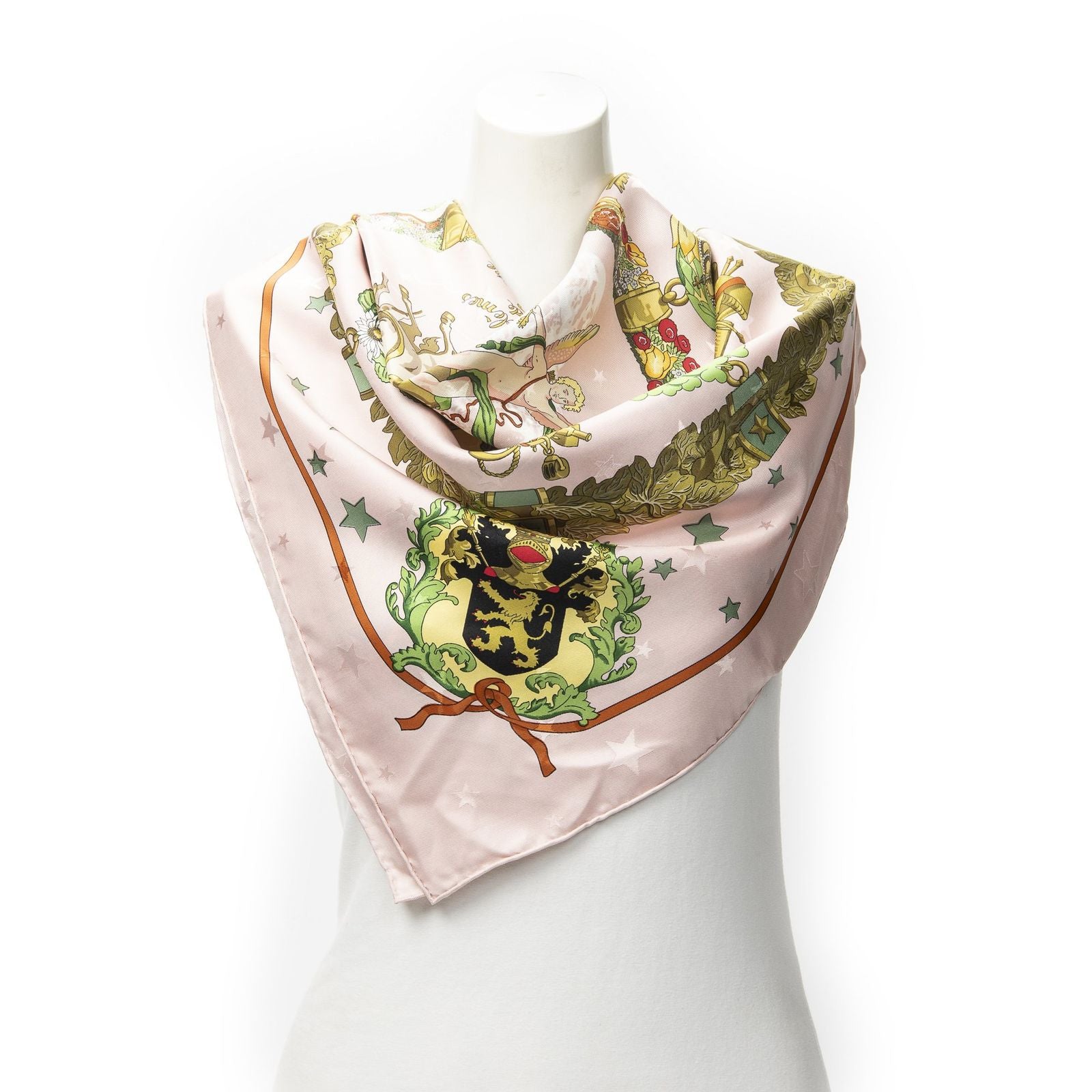 Hermes Scarf Light Pink Green Yellow 100% Jacquardsilk