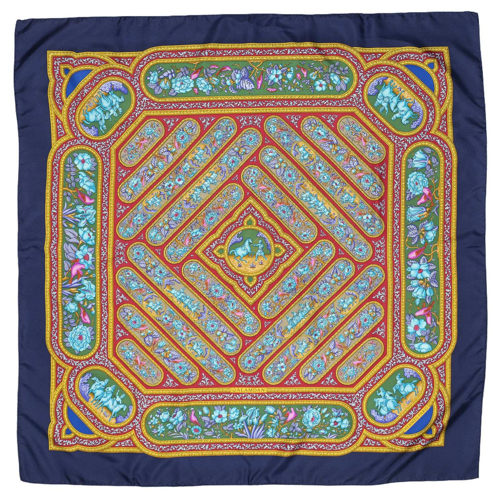 Hermes Scarf Navy Red 100% Gold Twill Silk — view 2