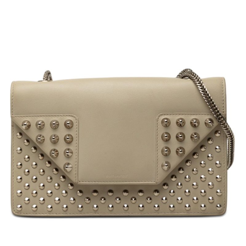 Saint Laurent Betty Studs Chain Shoulder Bag Gray Beige Leather