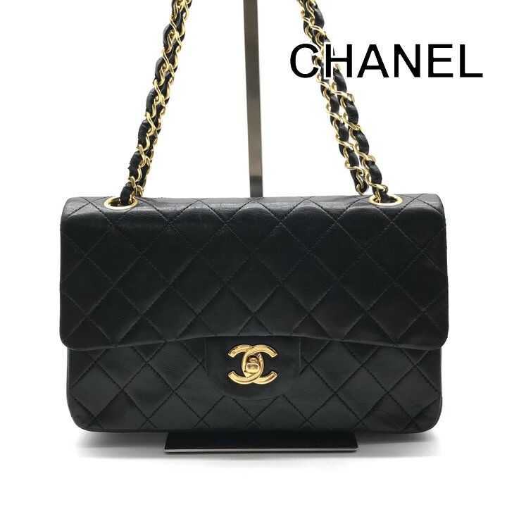 Chanel CC Logo Quilted Lambskin Chain Shoulder Bag Double Flap Black