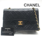 Chanel CC Logo Quilted Double Flap Lambskin Turnlock Chain Shoulder Bag Black