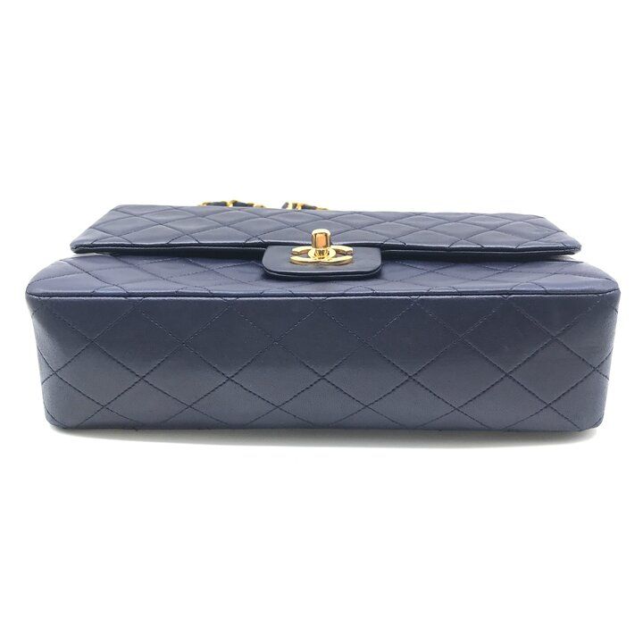 Chanel CC Logo Quilted Double Flap Lambskin Turnlock Chain Shoulder Bag Navy — view 3
