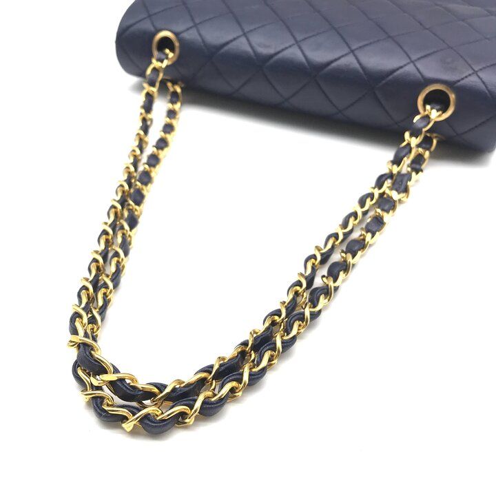Chanel CC Logo Quilted Double Flap Lambskin Turnlock Chain Shoulder Bag Navy — view 6