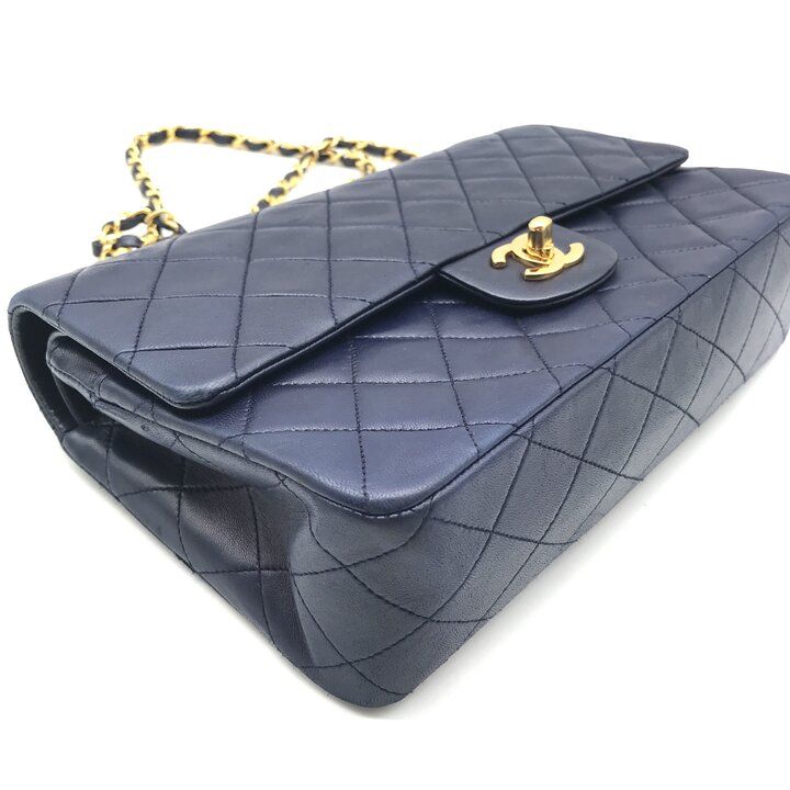 Chanel CC Logo Quilted Double Flap Lambskin Turnlock Chain Shoulder Bag Navy — view 4