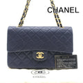 Chanel CC Logo Quilted Double Flap Lambskin Turnlock Chain Shoulder Bag Navy