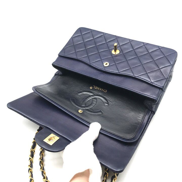 Chanel CC Logo Quilted Double Flap Lambskin Turnlock Chain Shoulder Bag Navy — view 7