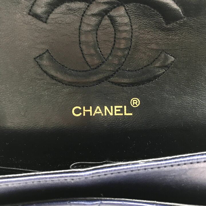 Chanel CC Logo Quilted Double Flap Lambskin Turnlock Chain Shoulder Bag Navy — view 9